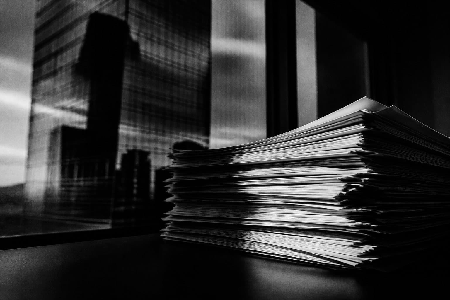 Pilha de contratos e o reflexo de uma torre bancária